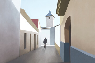 Illustration of man walking in a colored village