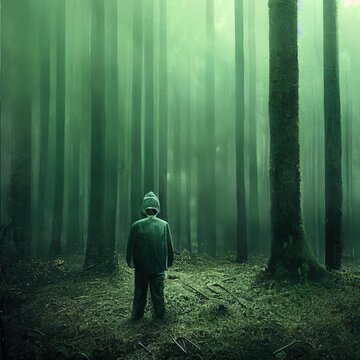 Illustration Of A Lost Kid Trying To Find The Way Out From An Enchanted Scary Forest