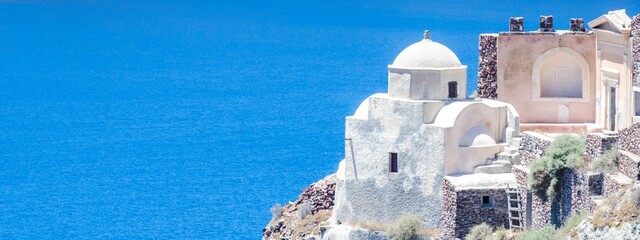 Beautiful shot of the Blue Domed Church in Santorini, Greece
