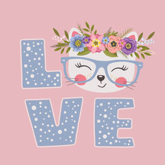 Cute cat girl with floral wreath. Love slogan. Vector illustration for print design