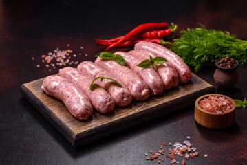 Raw sausages with ingredients on a cutting board on a dark concrete background with copy space