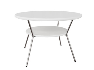 3d rounded wooden table with milk table top on isolated background. Modern elegant table for kitchen interior. 3D render illustration.