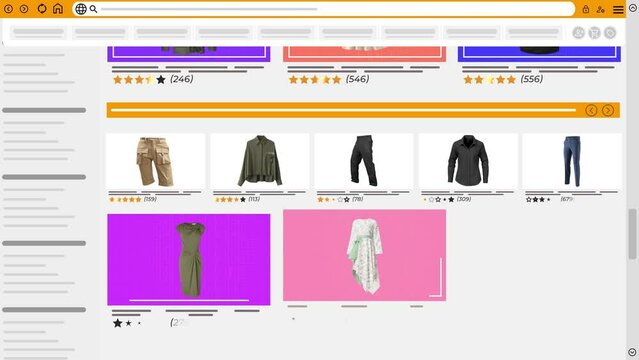 Clothing and apparel website. E-commerce and shopping products. Online sales animation.