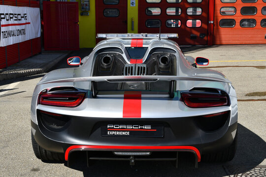 Mugello Circuit, Italy - 23 September 2022: Safety Car Porsche 918 Spyder in the Paddock of Mugello Circuit during Porsche Sport Cup Suisse event 2022. Italy.