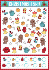 Fototapeta na wymiar Christmas I spy game for kids. Searching and counting activity with cute kawaii holiday symbols. Winter printable worksheet for preschool children. Simple New Year spotting puzzle with gingerbread.