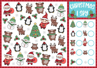 Christmas I spy game for kids. Searching and counting activity with cute kawaii holiday symbols. Winter printable worksheet for preschool children. Simple New Year spotting puzzle with fir tree