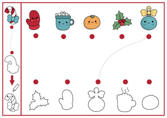 Christmas shape matching, coloring and drawing activity. Winter holiday puzzle with cute kawaii mitten, orange. Find correct silhouette printable worksheet. New Year page for kids.