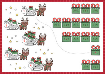 Christmas matching game with cute kawaii deer, sledge, presents. Winter holiday math activity for preschool kids. Educational printable New Year counting worksheet with cartoon characters.