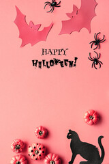 Pink Halloween vertical background, template for social media stories. Black cats, silhouette bats...