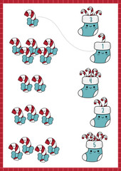 Christmas matching game with cute kawaii stocking, candy canes. Winter holiday math activity for preschool kids. Educational printable New Year counting worksheet with cartoon characters.
