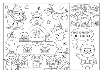 Vector Christmas black and white searching line game with decorated house and kawaii characters. Spot hidden presents in the picture. Simple winter holiday seek and find coloring page.