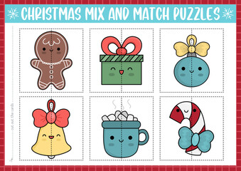 Vector Christmas mix and match puzzle with cute kawaii characters. Matching New Year party activity for preschool kids. Educational winter holiday game with gingerbread, present, colored ball.