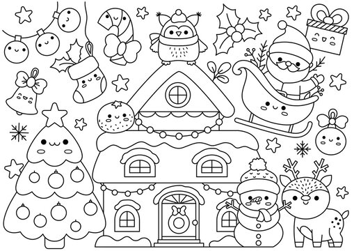 Vector Christmas horizontal line coloring page for kids with cute kawaii characters. Black and white winter holiday illustration with house, snowman, Santa Claus. Funny searching poster.