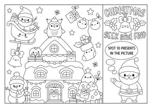 Vector Christmas black and white searching line game with decorated house and kawaii characters. Spot hidden presents in the picture. Simple winter holiday seek and find coloring page.