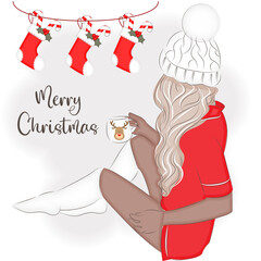 Girl on Christmas Eve with stockings, fashion vector illustration