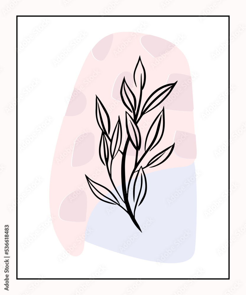 Aufkleber abstract vector shapes with branch with laurel leaves in line-art style.