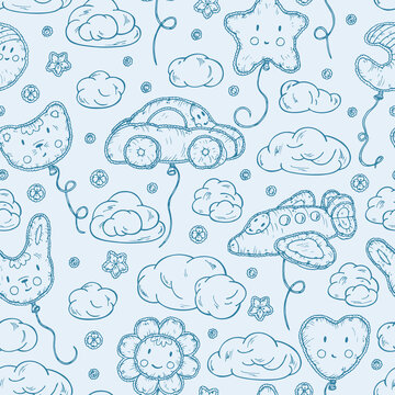 Kids toys. Beach Inflatable Toys. Balloons. Kawaii toy. Hand Drawn doodle clouds, star, heart, cat, car, airplane, flower, moon, rabbit - Vector Seamless Pattern. Cute background for kids