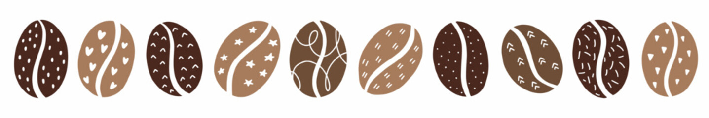 Horizontal collection of coffee beans hand-drawn in the style of a doodle