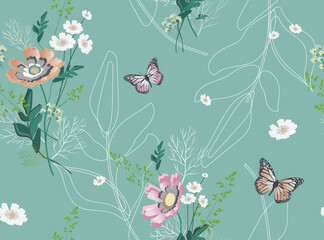 Abstract white, pink, orange flowers (chamomile, daisies, Cosmos) and butterflies in pastel colors on a mint green background. Seamless pattern for design of textile, fabrics, wallpaper, web sites.