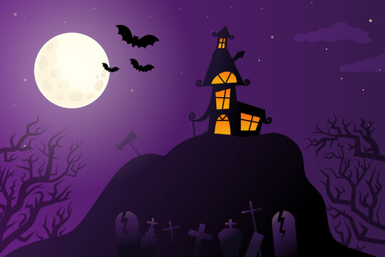 illustration purple background with bats, haunted house and cemetery, festival halloween, full moon on dark night