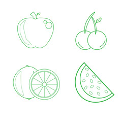 Green line fruit icons including an apple, cherries, Orange and watermelon