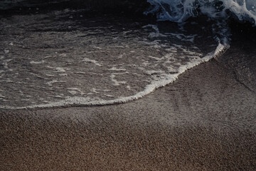 Paisaje de la orilla de una playa con olas y espuma
