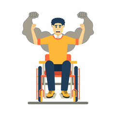 Strong and purposeful man in a wheelchair. Successful human businessman and leader with strong hands. Man with disabilities is the same person as everyone else in the world. vector