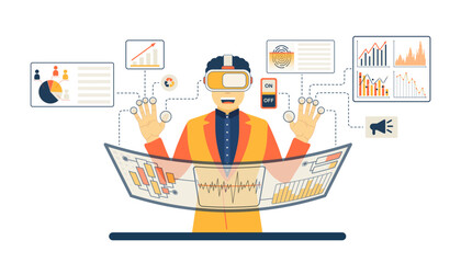 Man in the world of virtual reality in vr glasses. Visual data concept. Managing metadata by hand. Future technology male wearing goggle headset with touching vr interface holographic panels. vector