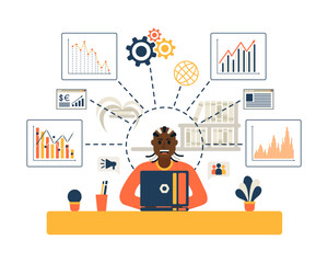 Black man works on a laptop in the field of business, economic news, cryptocurrencies. Young african american blogger distance learning online or remote work. infographics diagram