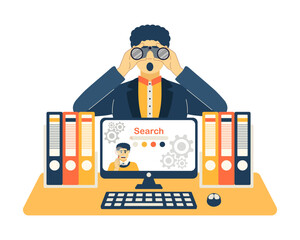 Man is looking for the necessary information on the Internet. Product search concept illustration. Male with binoculars peeks out from behind a desktop in the office and looks at you. vector