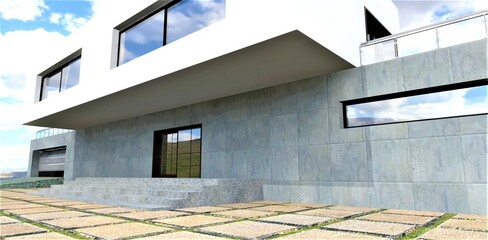 Concrete facade and steps of a suburban modern dwelling. Console second floor as a canopy over the porch. Paving stone from rectangular slabs. 3d rendering.