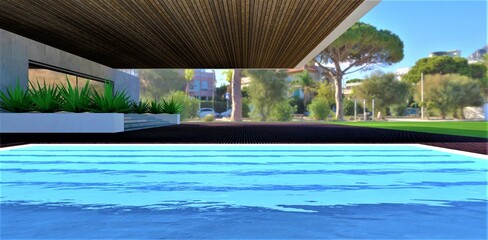 Luminous steps in the pool in front of the porch of a stylish modern hotel on a tropical island among relict trees and old buildings. 3d rendering.