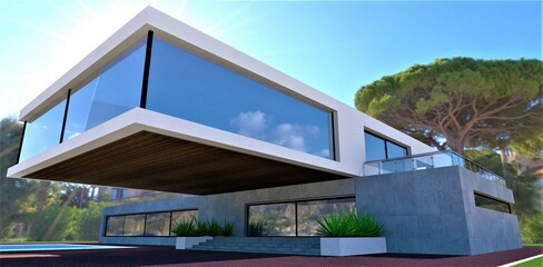 The second floor of a cantilever structure above the porch of a futuristic, minimalist private home on a sunny green island. 3d rendering. - obrazy, fototapety, plakaty