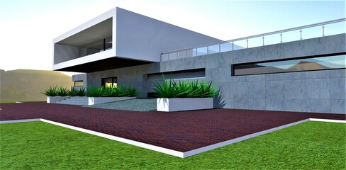 A red brick paving slab in front of the concrete porch of a stylish country home. Convenient garage with a ramp and lifting metal gates. Lots of green plants. 3d rendering.