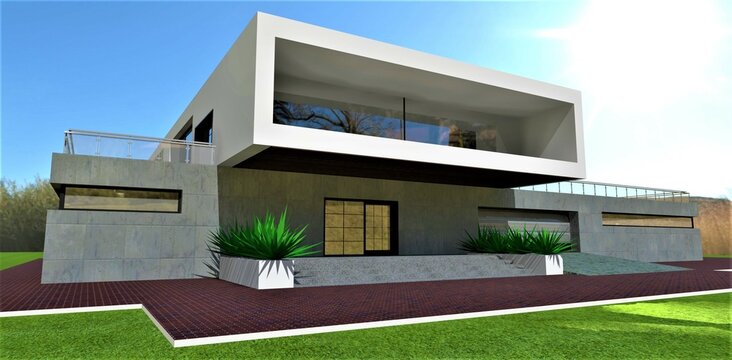Stylish modern porch with wide concrete steps. Green plants on the sides. Red brick pavement. Garage with aluminum sliding gates. Above is a spacious balcony. 3d rendering.