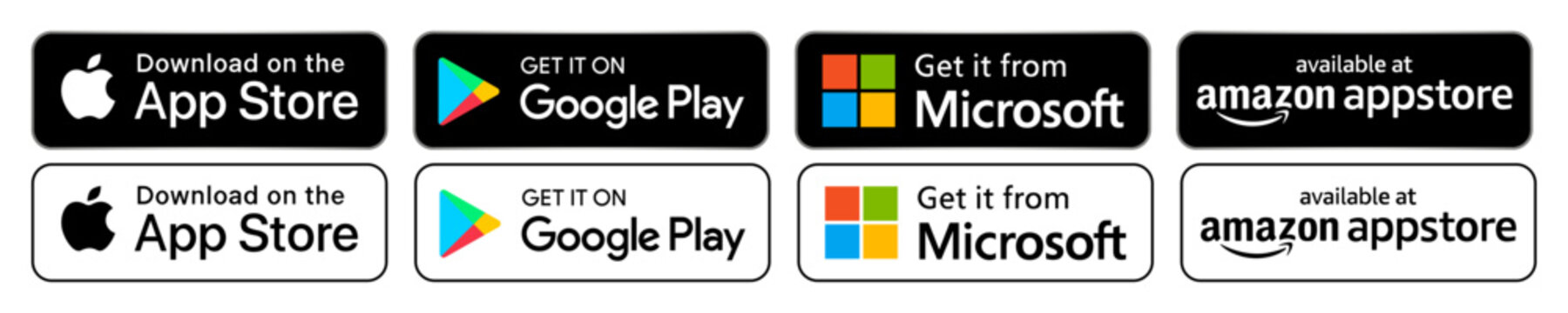 Buttons Google Play Store, Amazon App Store, Apple App Store, Microsoft, download App buttons on isolated background. Editorial vector EPS 10