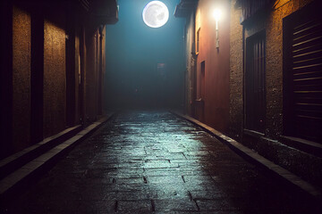 Dark wet alleyway, illustration of a back alley - obrazy, fototapety, plakaty
