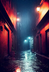 Dark wet alleyway, illustration of a back alley