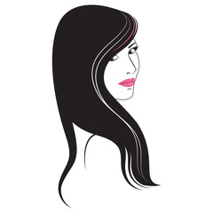 Black - white portrait of a girl with long hair and pink lips on a white background. Vector illustration