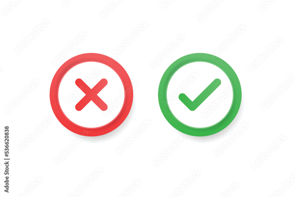 Poster 3d check mark icon button, green tick and red cross signs symbols. check box frame - yes or no 3d checkmark icons buttons, right, wrong, approved, rejection sign vector illustration