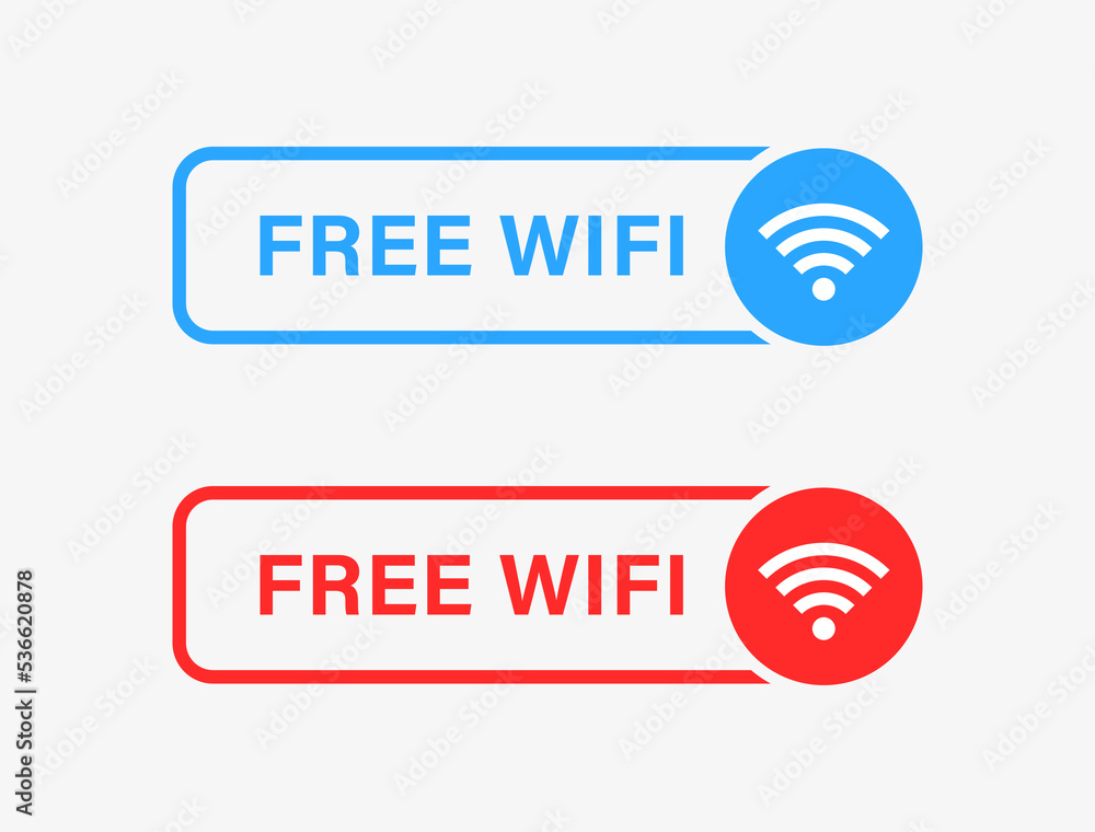 Aufkleber Free wifi icon buttons with wireless and wifi icon in modern label banner. internet connection signal symbol for internet access