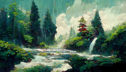 Beautiful happy forest with trees illustration