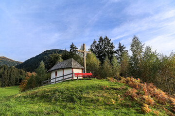 The Goetschen Chapel, built around 1700, stands on the hill top of the village Hechenmoose near Kitzbuehel, Tirol, Austria. The chapel is a landmarked object under Austrian culture heritage.