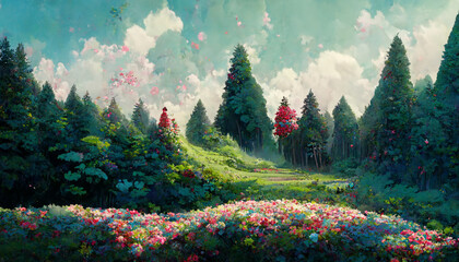Beautiful happy forest with trees and flowers illustration