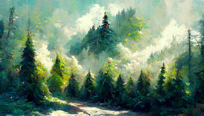 Beautiful happy forest with trees illustration