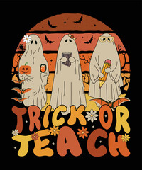 Halloween Trick Or Teach T-Shirt, Halloween Retro Vintage Shirt, Halloween Ghosts Shirt, Halloween Vintage Sunset Background Shirt, Halloween Bats, Flower Shirt Print Template