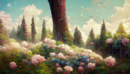 Beautiful happy forest with trees and flowers illustration