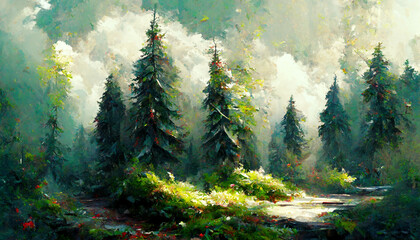Beautiful happy forest with trees illustration