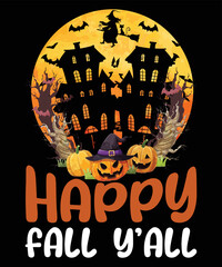 Happy Halloween Fall Y'all T-Shirt, Halloween Retro Vintage Shirt, Halloween Pumpkins, Witch, Bats Shirt, Halloween tree silhouette  Shirt Print Template