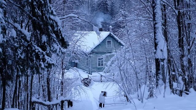 a small old house in the winter forest in the snow, and smoke from the stove comes from chimney